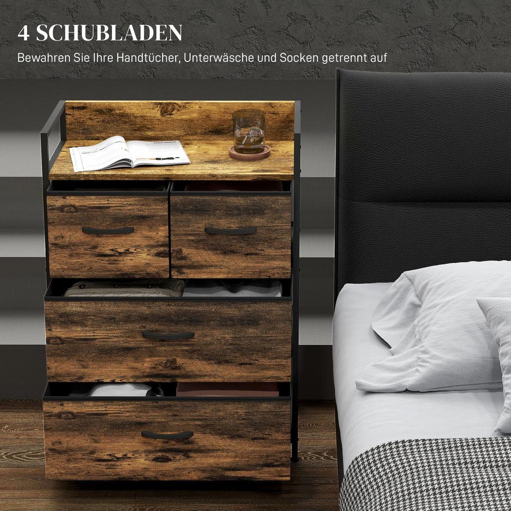 Rustic Chest of Four Fabric Drawers - Rustic Brown