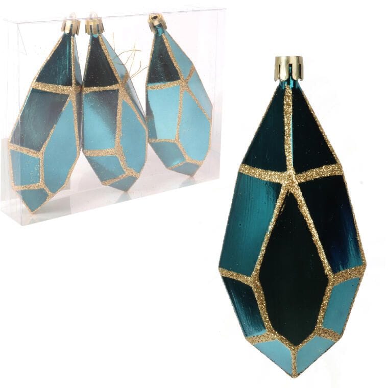 Set of 3 diamond-shaped plastic baubles in a shade of turquoise with gold glitter, 13 cm