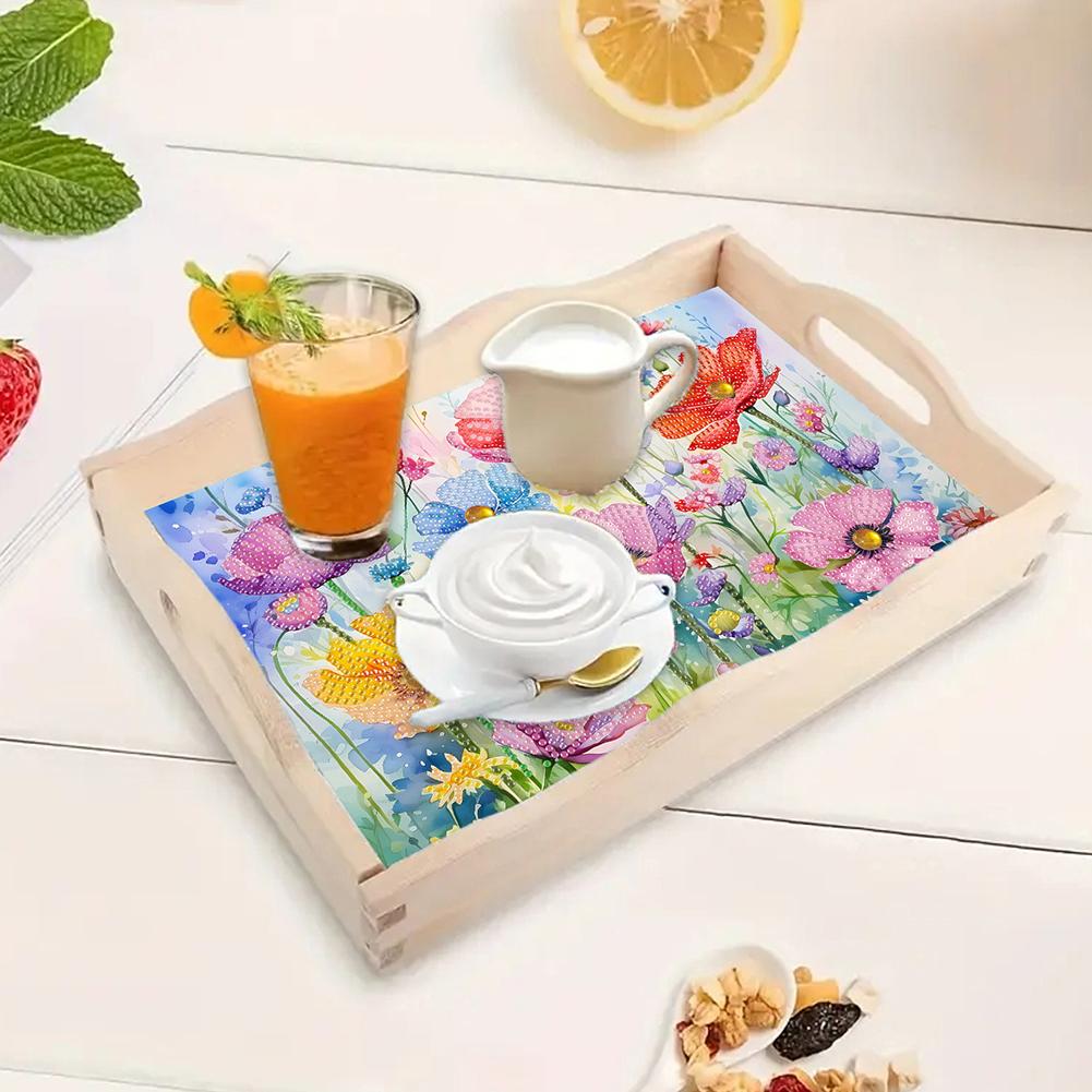 Wooden Colorful Pattern 5D Diamond Painting Tray Art Craft with Handle DIY Diamond Painting Food Tray Kit for Countertop Decor
