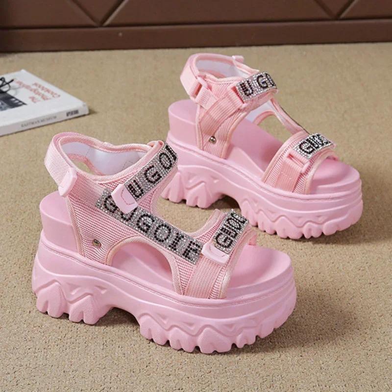 2024 Высокие каблуки Сексуальные босоножки с открытым носком Босоножки на толстой подошве Женские туфли на танкетке с увеличенной платформой Женские пляжные летние сандалии