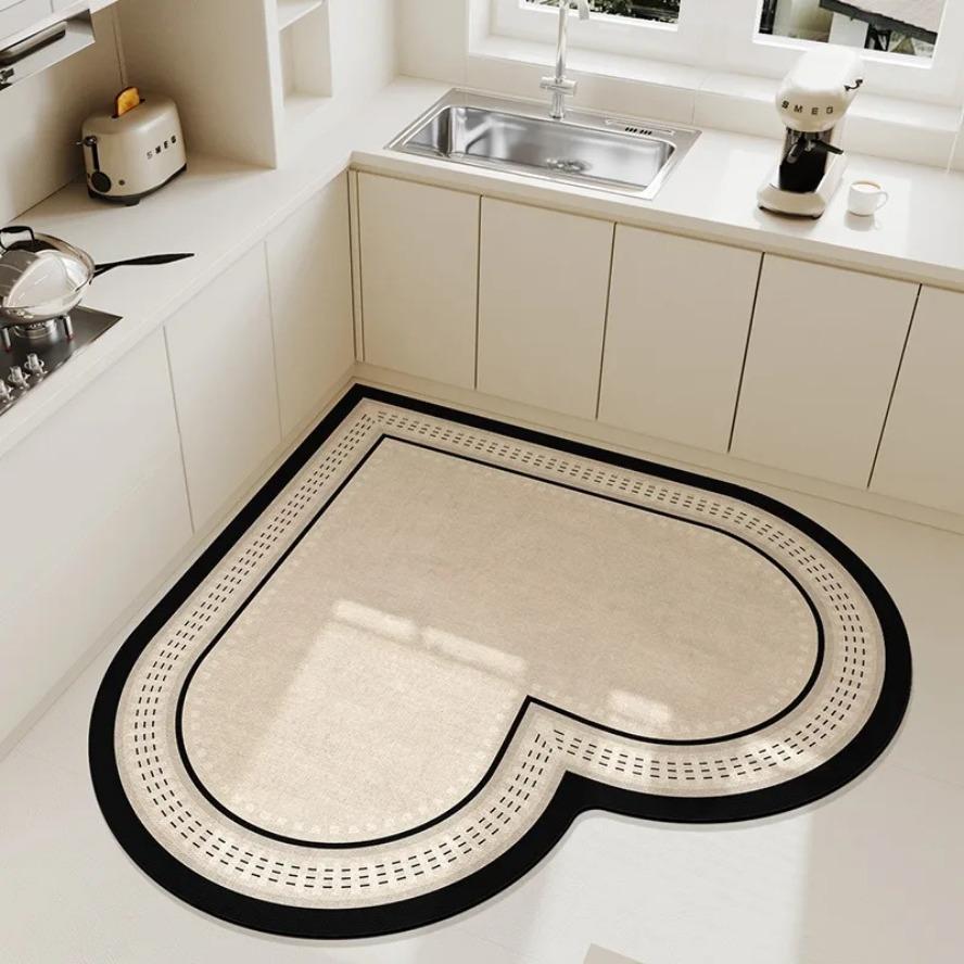 Creative Beige Heart Pattern Kitchen Floor Mat Cream Style Irregular Decoration Home Carpet Easy To Clean Easy Care PVC Foot Mat