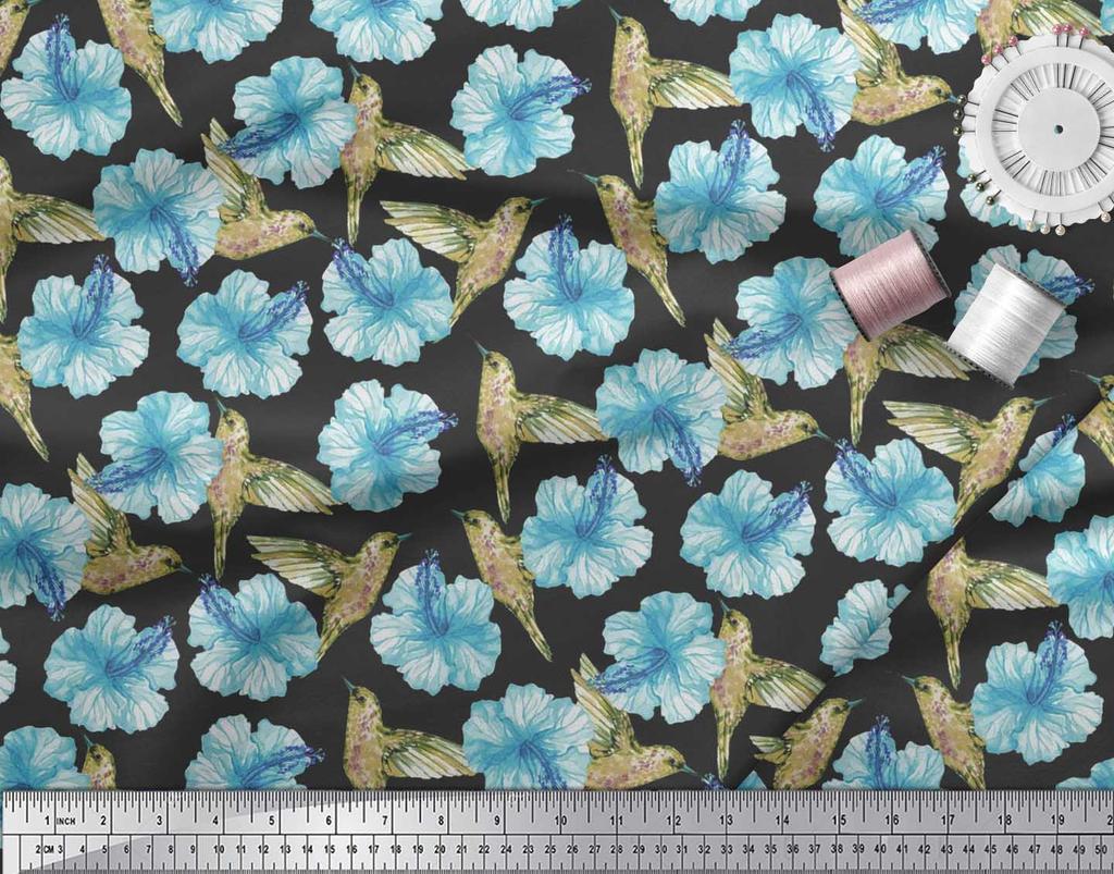 Soimoi Черная полиэстеровая креповая ткань с принтом колибри и цветов, ярд 42 дюйма