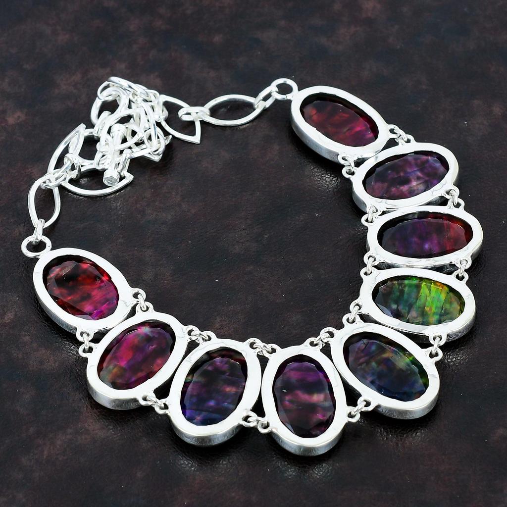 Faceted Ammolite Necklace 925 Sterling Silver Necklace Handmade Adjustable Chain Necklace Gemstone Jewelry Gifts For Wife Brand New Necklace