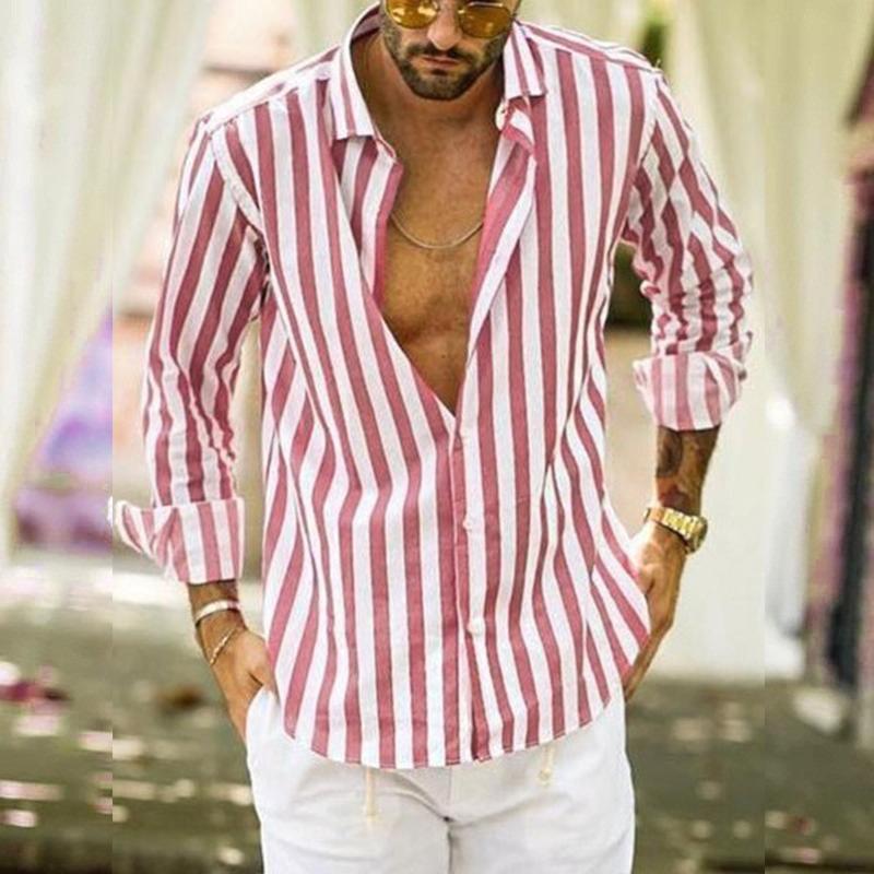 Мужская мода в вертикальную полоску с длинным рукавом повседневное платье на пуговицах пляжная рубашка