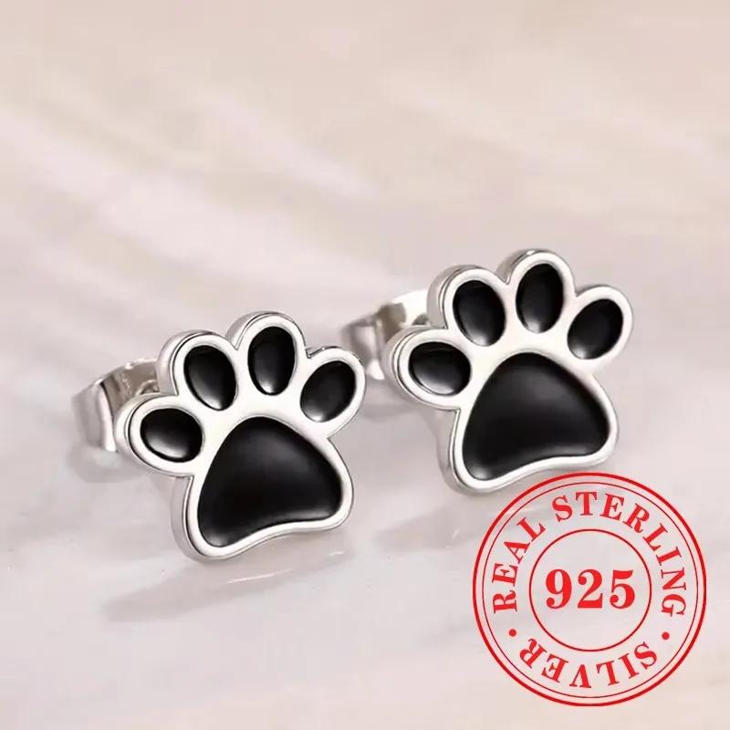 Sweet Shiny White CZ Heart Pierced Earrings for Girls Sterling Silver Cute Pet Paw Prints Jewelry Daily Party Jewelry