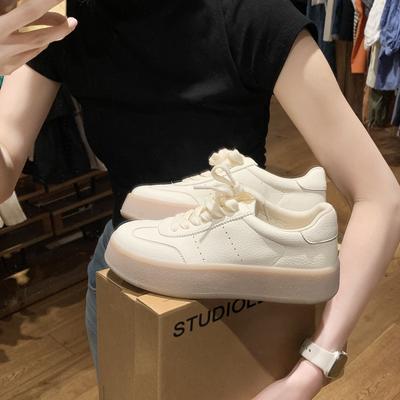 Версия из коровьей кожи~ Виноградная мама с теми же шнурованными белыми туфлями на круглой подошве, корейские летние повседневные немецкие тренировочные кеды, женские