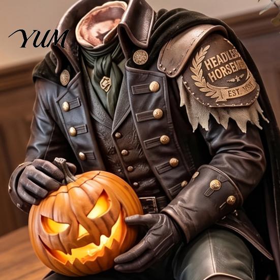 Gothic Halloween Ornaments Resin Headless Horseman Statue with LED Warm Glow, Lighted Haunted House Supplies Sculpture, Tabletop Decor for Mantel