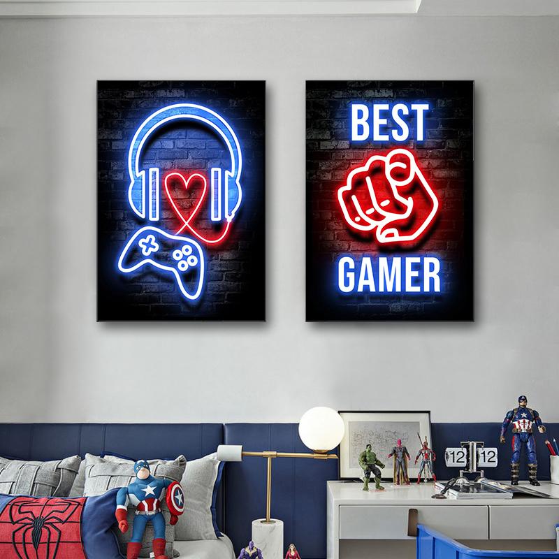 Neon Design Gamepad Game Quote Posters Canvas Painting VR Gaming Girl Wall Art Picture Gamer Boy Room Home Decoration No LED