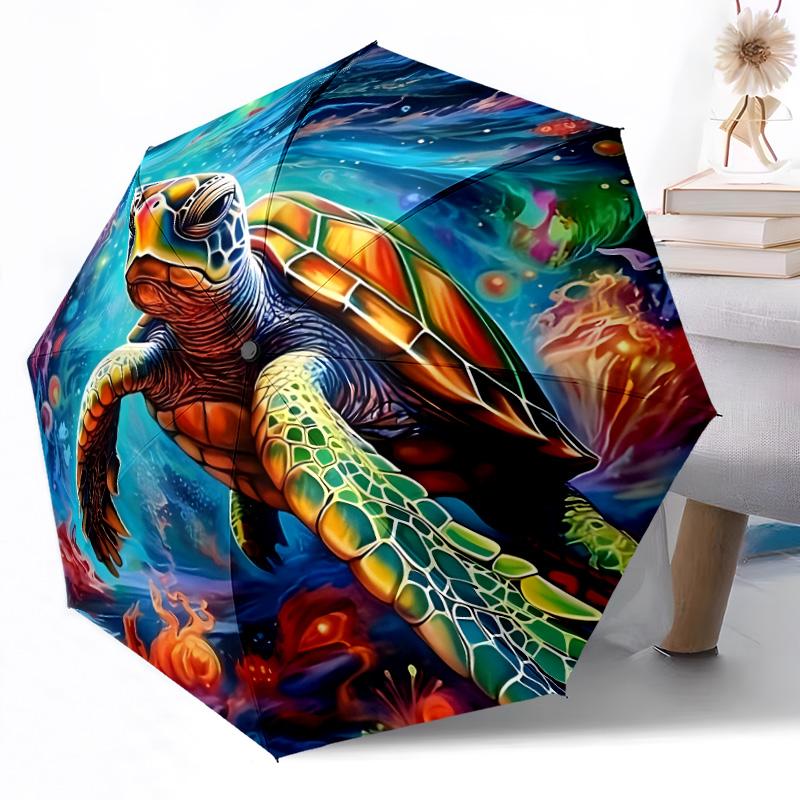 Ocean's Grace: Sea Turtle Artistry Automatic Umbrella Folding Umbrella with 8 Ribs Lightweight Durable Everyday Carry Umbrella Fashionable Accessory
