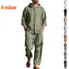 Men's Spring Casual Linen Beach Hooded Shirt Long-sleeved Trousers Suit