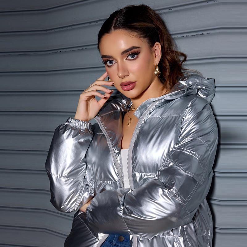 Зимняя модная блестящая куртка-пуховик с капюшоном для женщин с длинным рукавом, однотонная, облегающая, теплая, хлопковая куртка-парка