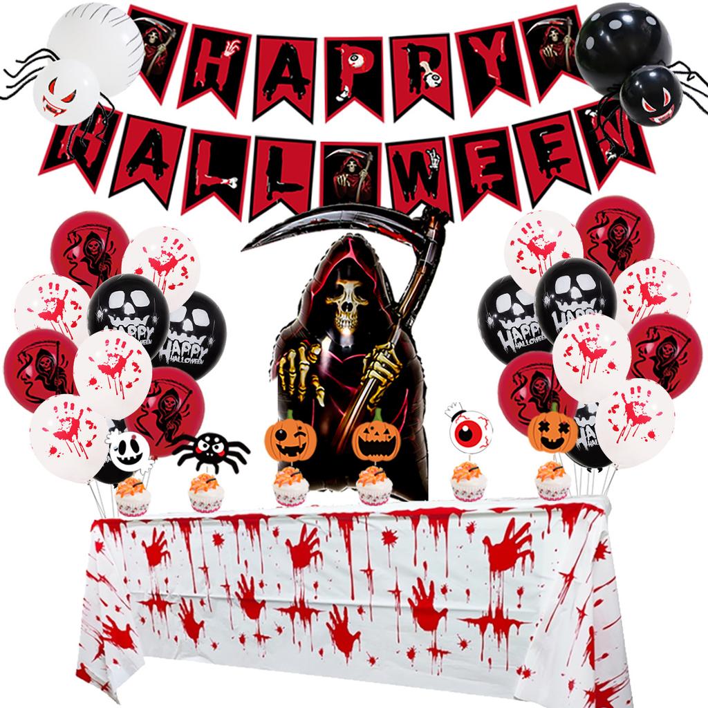 Terrifying Halloween party supplies banners, balloons, spiders and skeleton ghosts, Halloween tablecloths, and Halloween party decoration cake sets