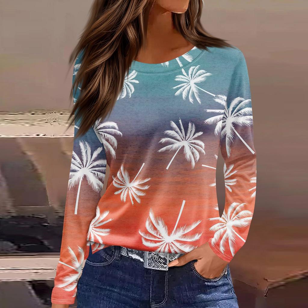 Women's Fashion Casual Slit Hem Round Neck Long Sleeve Loose  Printed T-Shirt Ladies Top