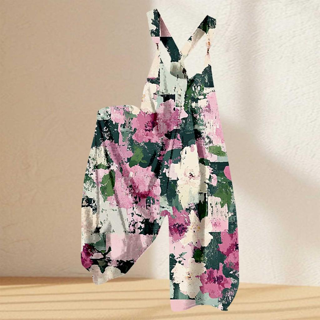 Женский комбинезон с цветочным принтом, повседневный свободный комбинезон из хлопка и льна