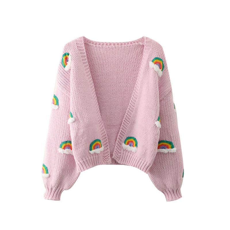 Толстые вязаные топы ручной работы, женский модный укороченный вязаный кардиган, свитер 90-х годов, Радужная уличная одежда C-048