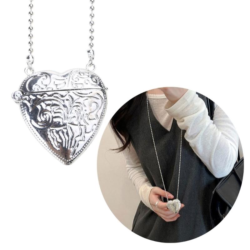 Elegant Heart Shaped Photo Locket with Chain Multifuntional Metal Crossbody Accessory Suitable for Decorating Outfits