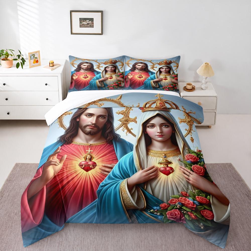 Sacred Heart Jesus and Mary Bedding set (1 duvet cover, 2 pillowcases, duvet not included), Gold Halo Religious Icon Art Print