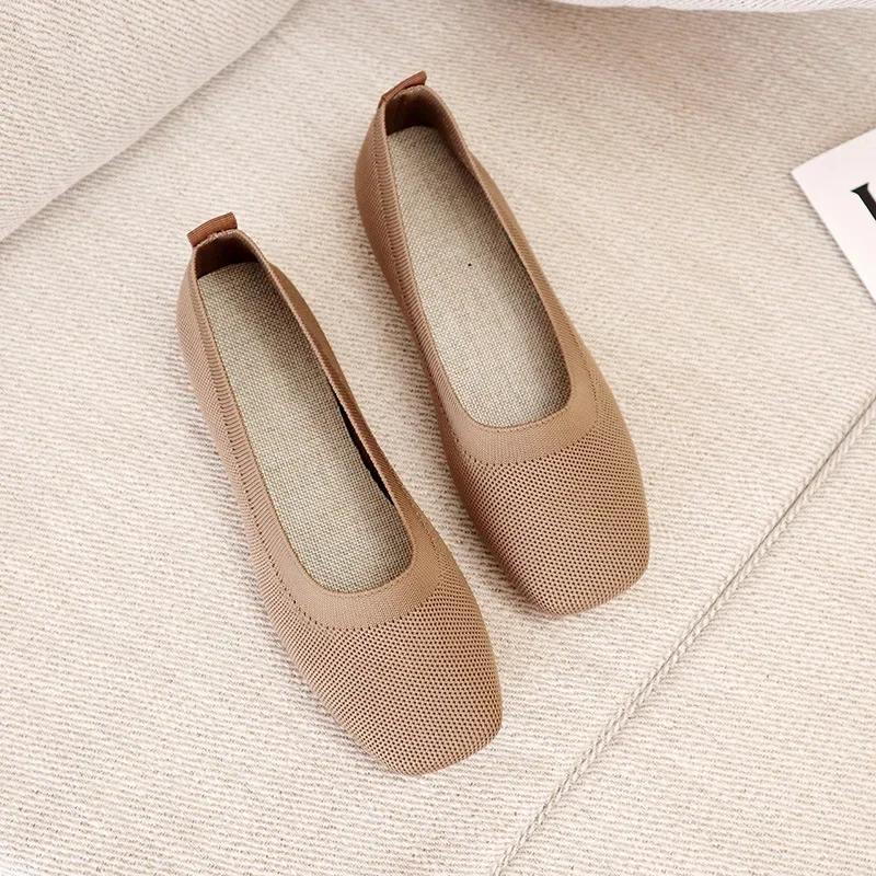 Shoes of Women Fashion Knitted Mesh Breathable Ladies Loafers Comfort Square Toe Casual Flats Zapatos De Mujer 2024
