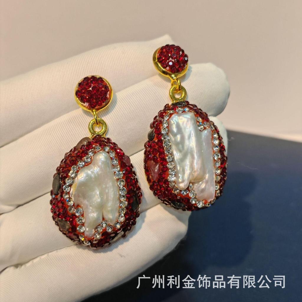 Серьги из турмалина с жемчугом барочной формы, инкрустированные красными чешскими бриллиантами, женские серьги, французский дизайн