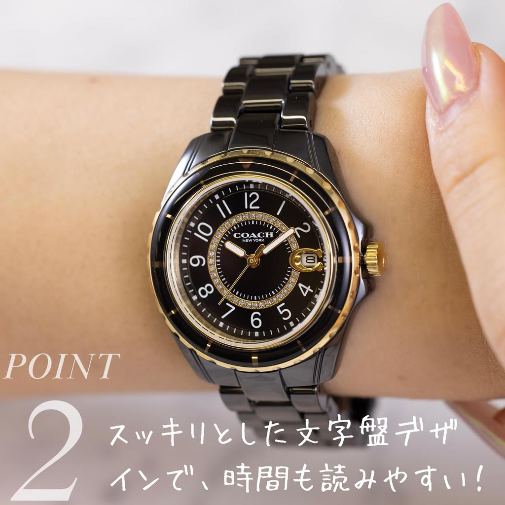 Coach PRESTON Black Quartz Water Mineral White Watch, 33mm, Ceramic, Dial, Movement, Resistant, Glass, Women's, (Product Code 14503462)