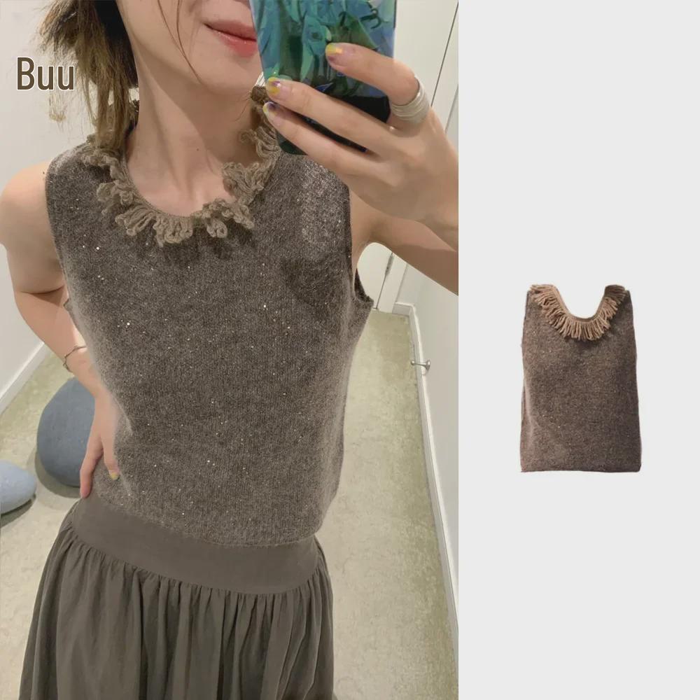 Осень и зима 2024 Вязаный жилет: 30% мохер, 25% шерсть с кисточками