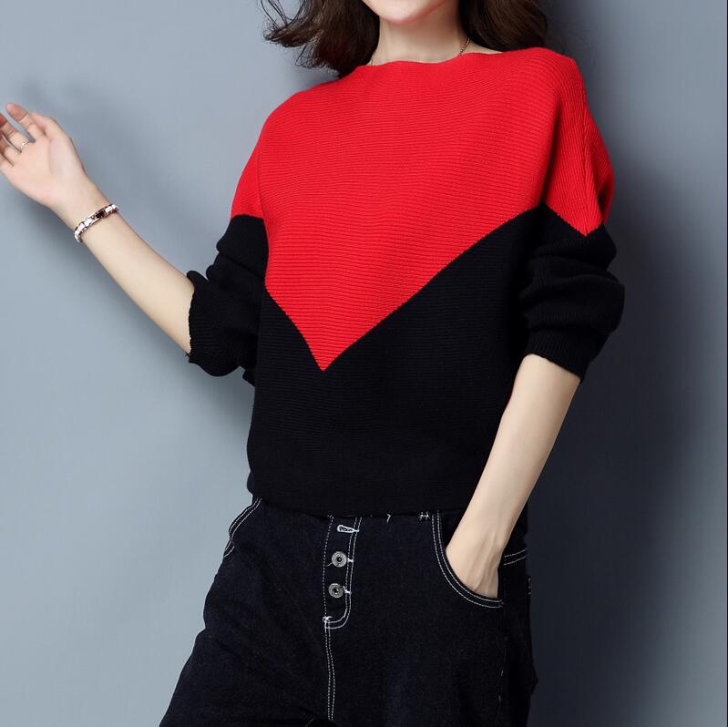 Batwing Sleeve Loose Autumn Winter Women Sweater Knit Fashion Female New Arrival Patchwork Pullover
