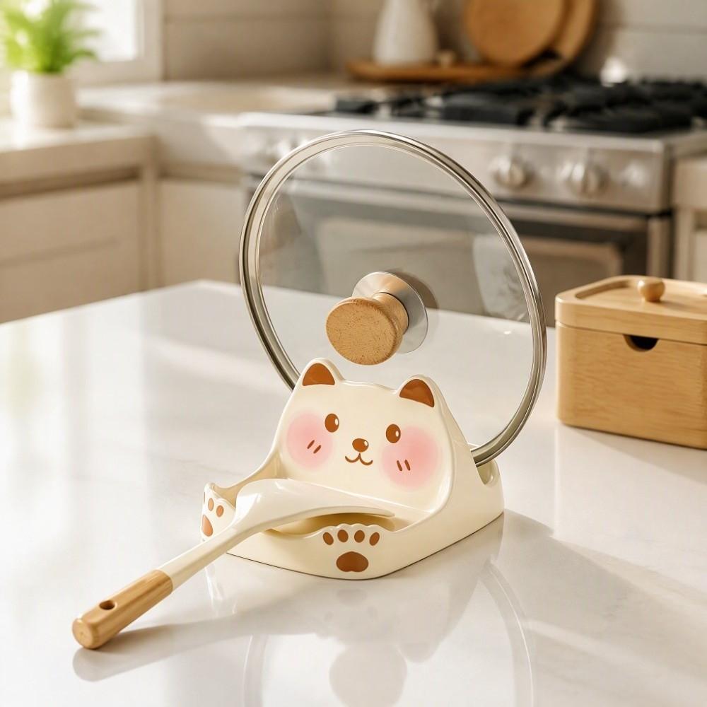 Non-Slip Ceramic Pot Lid Holder Space Saving Kitchen Countertop Organizer Spatula Rack Cabinet