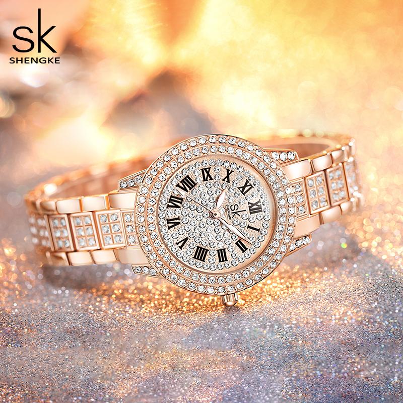 SHENGKE Роскошные роскошные женские кварцевые часы Relogio Feminino, украшенные кристаллами розового золота, романтические цветные часы