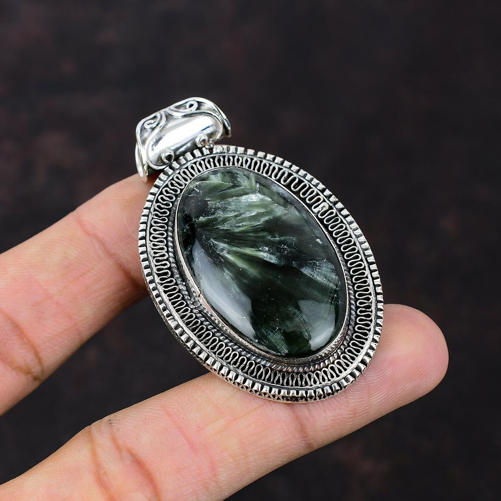 Подвеска с серафинитом. Подвеска из драгоценного камня высшего качества. Подвеска из стерлингового серебра 925 пробы. Замечательная винтажная подвеска. Изысканные ювелирные изделия ручной работы. Подарок для жены.