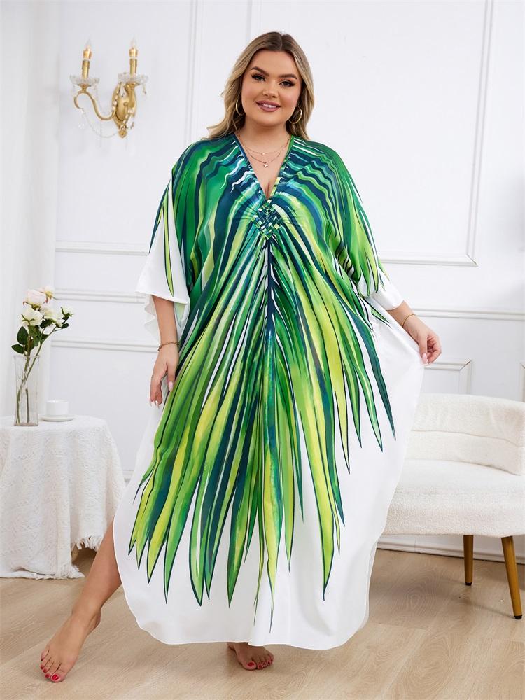 EDOLYNSA Oversize Women Kaftan Robe Outfit Bohemian Printed Vacation Chinese Knot V-neck House Bathing Suit Cover Up Q1588