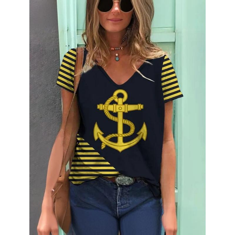 Полосатая графическая 3D футболка женская летняя с V-образным вырезом и коротким рукавом, праздничная повседневная футболка, женская уличная одежда, футболка оверсайз