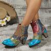 Autumn Women's Boots Ethnic Colorful Printed Leather Fabric Booties Fashion Zippers High-heeled Ankle Boots Splicing Woman Shoes
