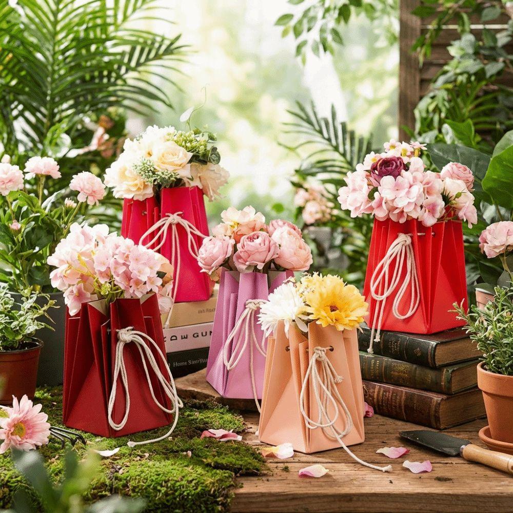 10Pcs Portable Romantic Flower Packaging Box Paper Hand-folded Rose Bouquet Bags Insertion Flower Flower Gift Box DIY Wedding