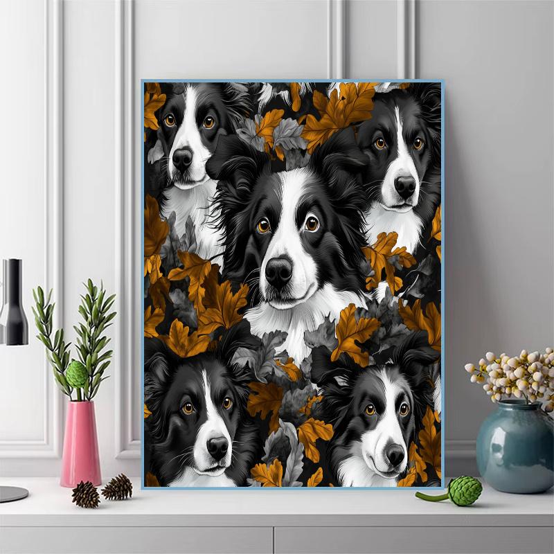 Border Collie and plants Pattern 3pcs 100% Round Full Drill 5D DIY Diamond Painting Embroidery Cross Stitch Rhinestone Décor