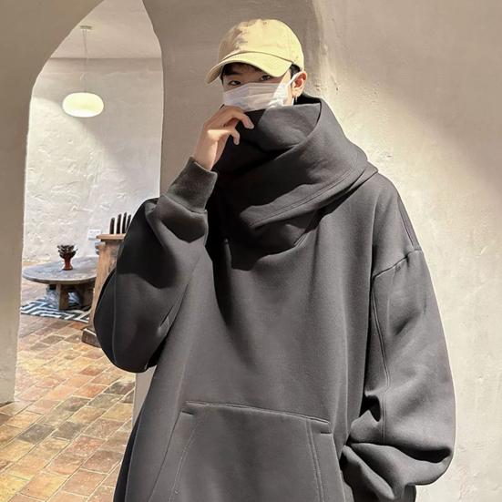 Fall Winter Men Hoodie Oversize Hooded Long Sleeves Pure Color Hip Hop High Collar Big Patch Pocket Elastic Cuff Mid Length Warm Top