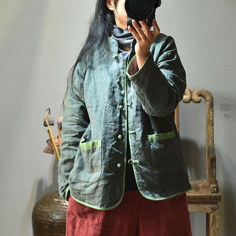 Johnature Women Chinese Style Parkas Cotton Linen Button Stand Long Sleeve Coats Winter Solid Color Warm Loose Parkas