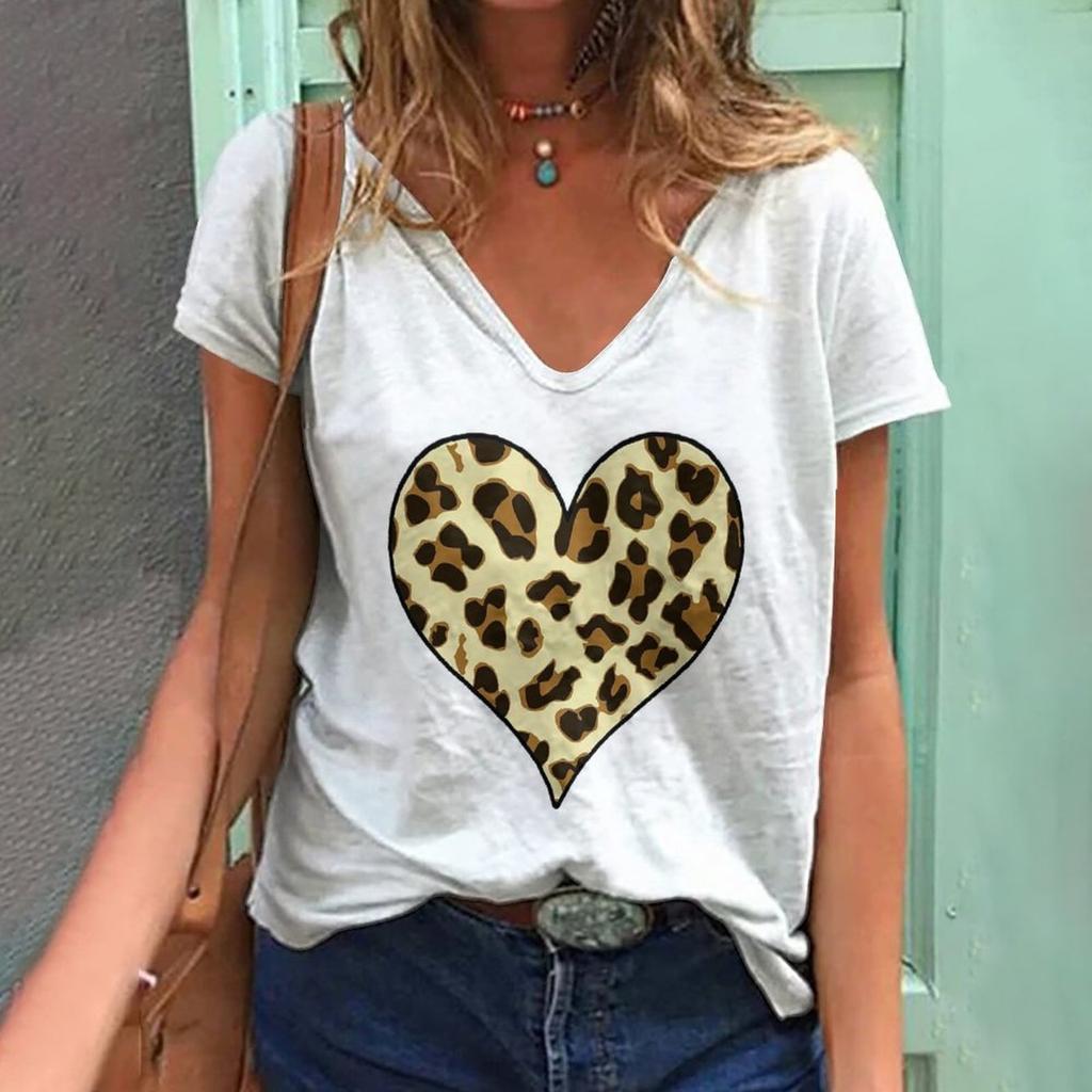 New Women's T-shirt Love Leopard Short Sleeve 3d V-neck Fashion Female Clothing Streetwear Casual Tops Harajuku Summer T Shirt