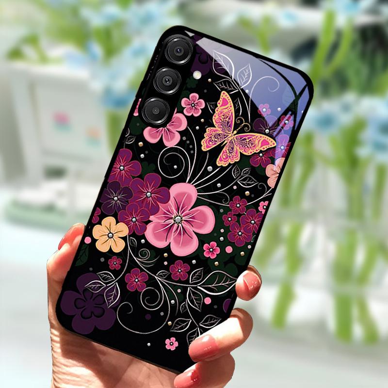 Для Samsung A56 Стеклянный чехол A26 A36 Жесткий ПК Закаленное стекло Чехол для телефона Для Galaxy A15 A25 A35 A55 Мультяшный Роскошный Ударопрочный Чехлы