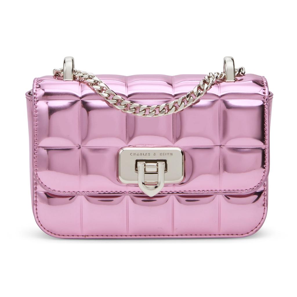 Charles & Keith Evening Party Mirror Checkered Chain Crossbody Bag Small Women bags Black Pink Silver CK2-80681154