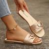 Classic and Elegant Women's New Fashion Slippers with Metal Decoration, Versatile Solid Color Square Head Flat Sandals for Valentine’s Day