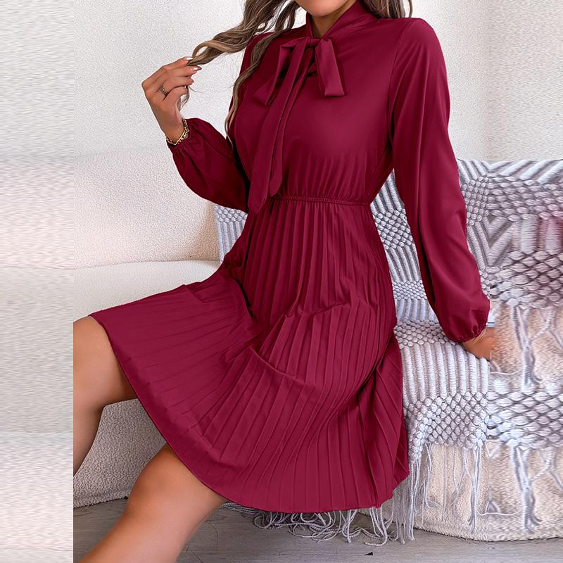 Женское осенне-зимнее темпераментное однотонное плиссированное платье с высокой талией и длинными рукавами на шнуровке