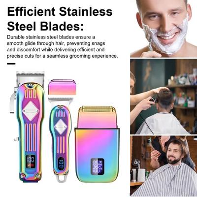 Мужской комплект машинки для стрижки волос 3 в 1, беспроводной набор для стрижки, электробритва, триммер для бороды, лезвия из нержавеющей стали, ЖК-дисплей, USB-кабели для зарядки, бритва