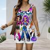 Women Plus Size Crew Neck Tank Romper Dark Gothic Floral Print Jumpsuit Shorts