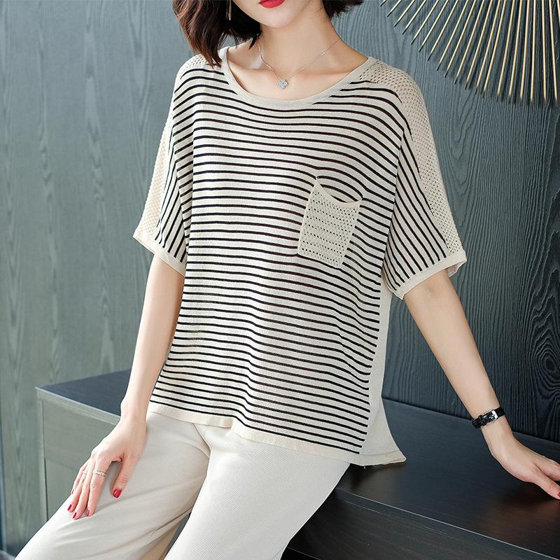 Летний женский свободный полосатый топ, ажурная трикотажная футболка, женская футболка с коротким рукавом из ледяного шелка