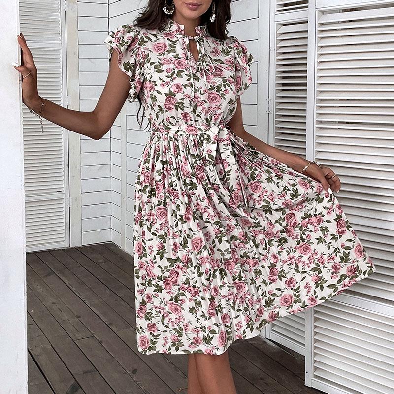 European and American Retro Print Mid-Length White Dress - 2022 Summer Collection