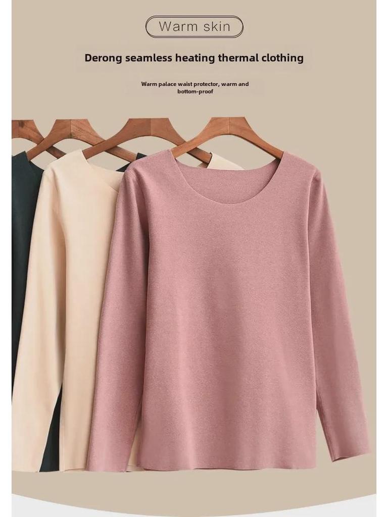 Женская немецкая бархатная терморубашка с длинным рукавом и зауженным кроем — бесшовная, с круглым вырезом, с утолщенным бархатом для осени и зимы