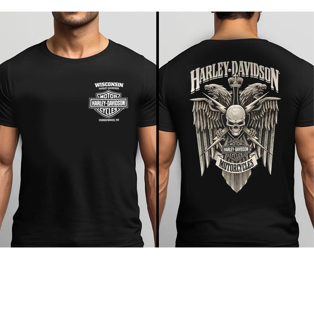 Черная футболка Harley-Davidson с изображением черепа и крыльев и логотипом дилера из Висконсина