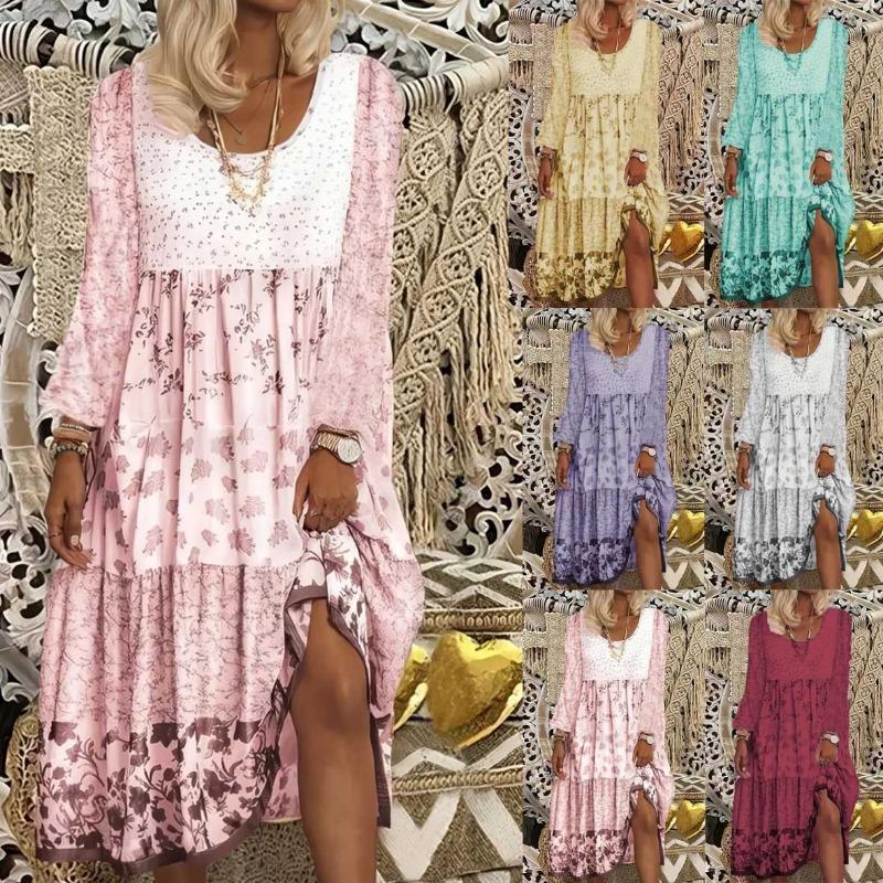 Women Long Sleeve Printed Round Neck Casual Dress