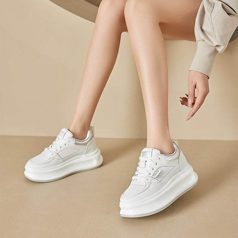 Thick-Soled Leather White Shoes Women's New Spring Versatile Single-Layer Shoes Platform Sneakers Height Increasing Insole Casual Sneakers