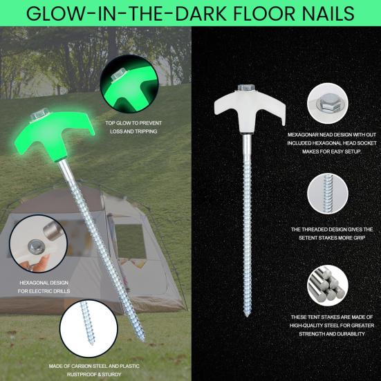 Вкручиваемый колышек для палатки, светящийся в темноте, сверхпрочный, для улицы, сада, двора, патио, газона, кемпинга, тент, навес, ветрозащитный, с резьбой, грунтовый штырь, колышек для палатки